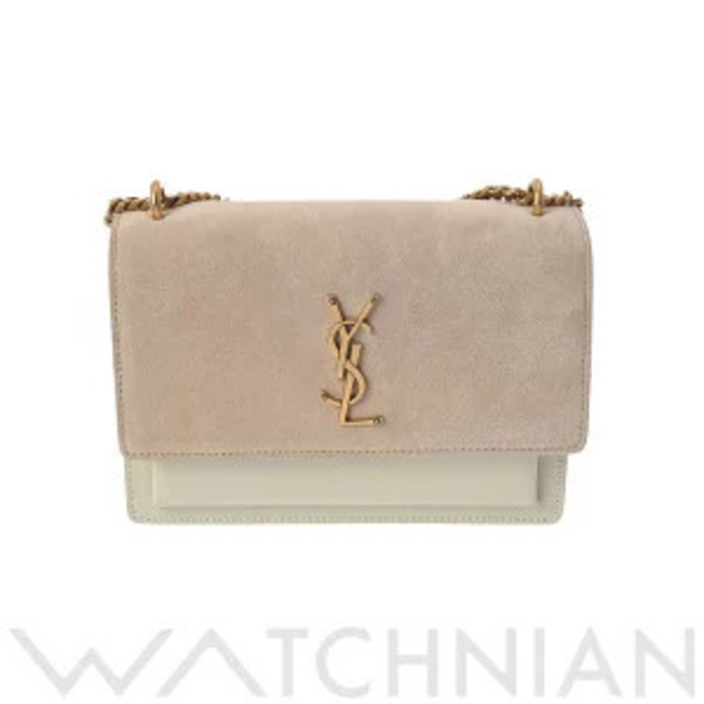 Saint Laurent Sunset Chain Shoulder Bag Beige Ivory White Smooth Leather Suede - Picture 1 of 9